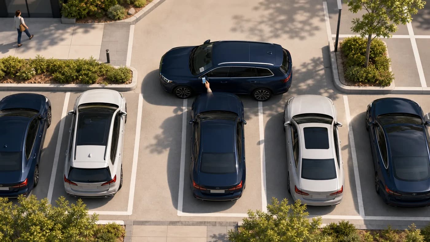 Bird's-eye view of a blocked car while a requester scans the QR sticker on the blocking vehicle