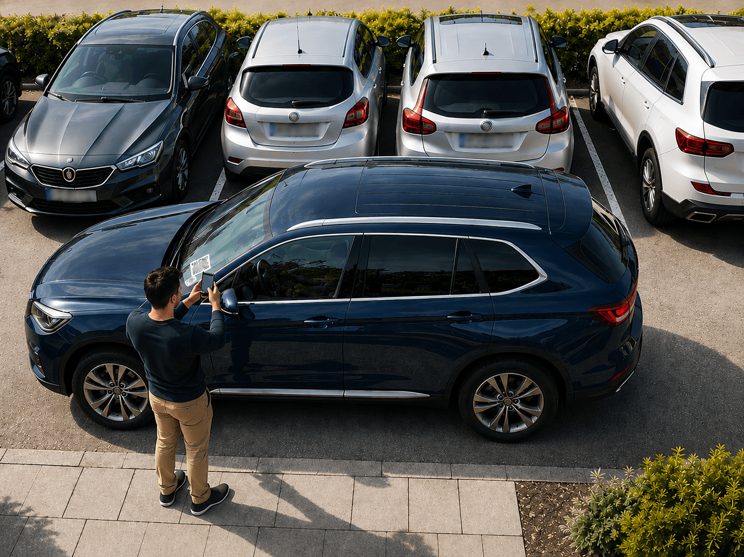 A driver scans the QR sticker on a navy SUV that is blocking four cars in